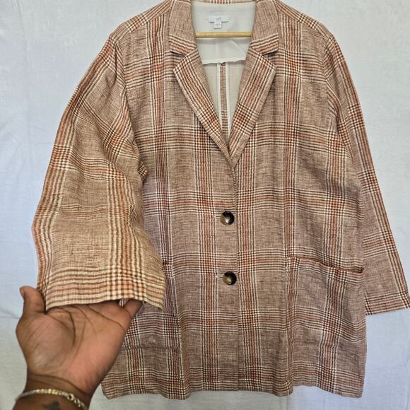 J.Jill Women Harper Henna Linen Prep Classic Boyfriend Oversized Plaid Blazer XL - Picture 6 of 12